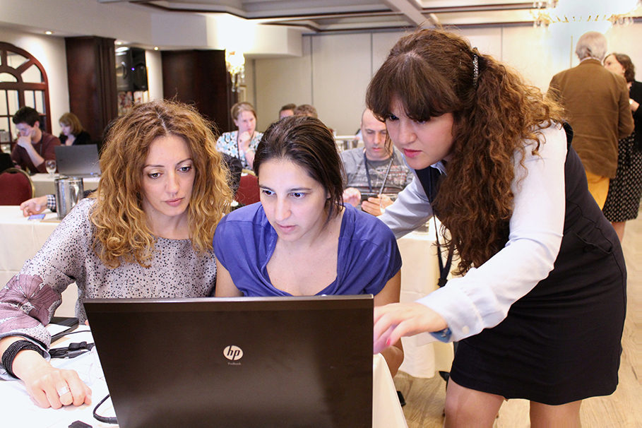 Duygu Savasci of the IEA (right) trained Ivana Đerić of Serbia and Sofia Vlami of Cyprus in using the International Database Analyzer.